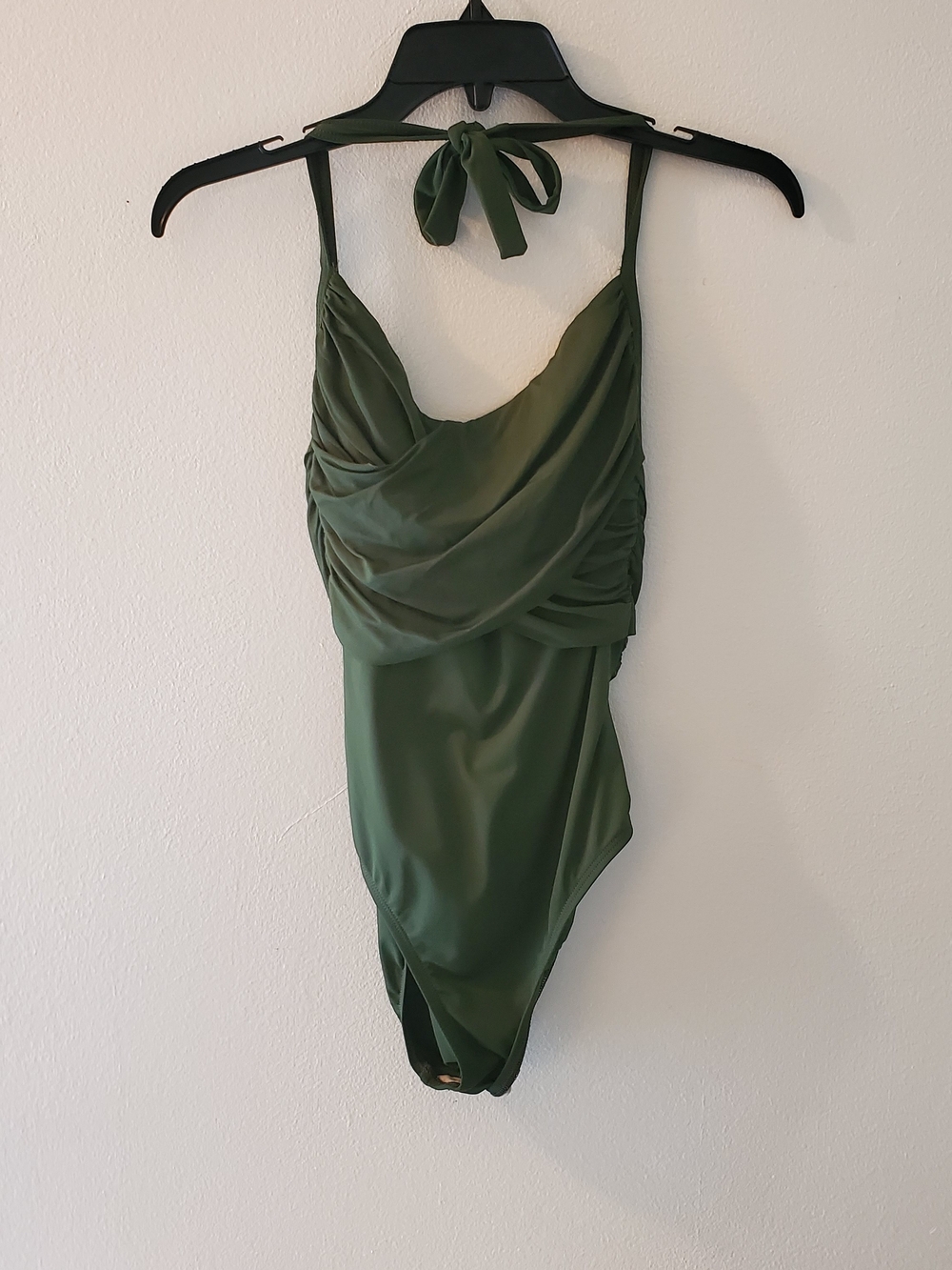 LaBlanca Halter Crisscross Olive Green Draped One-Piece Swimsuit Size 12